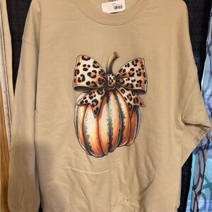 Tan Sweatshirt with Pumpkin and Leopard Bow